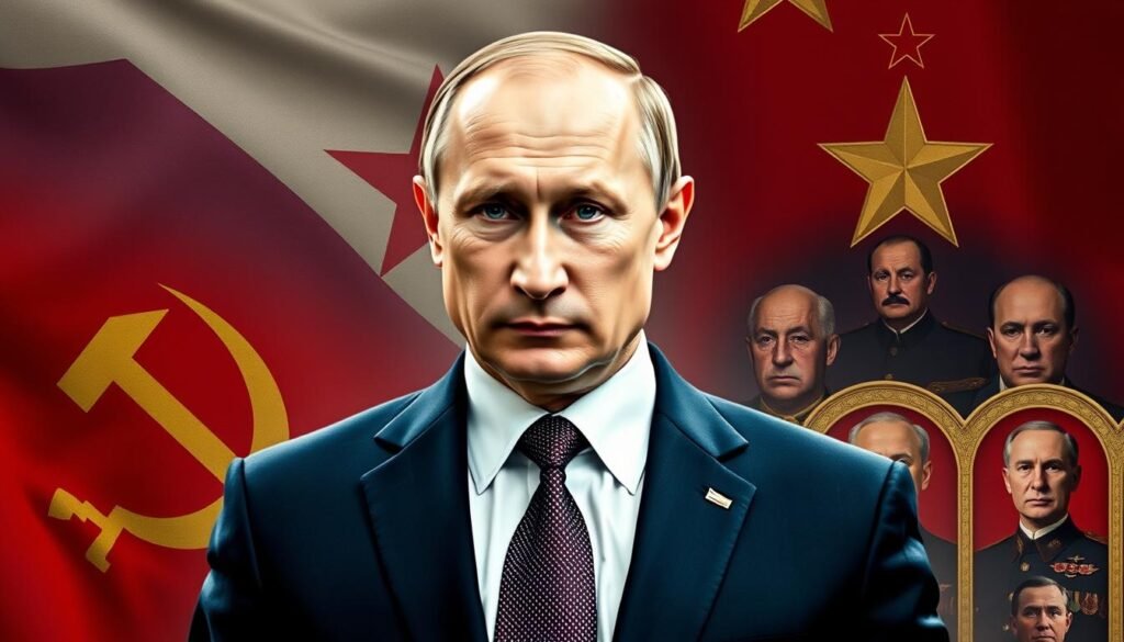 Vladimir Putin with Soviet symbols in background
