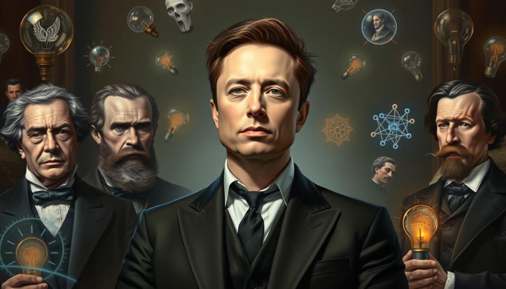 Artistic representation of Elon Musk alongside historical innovators like Edison and Tesla, questioning his legacy