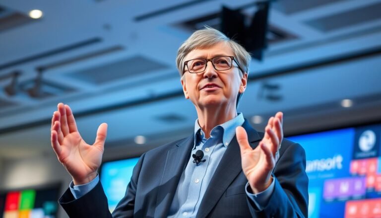 Bill Gates speaking at a technology conference about software innovation and philanthropy