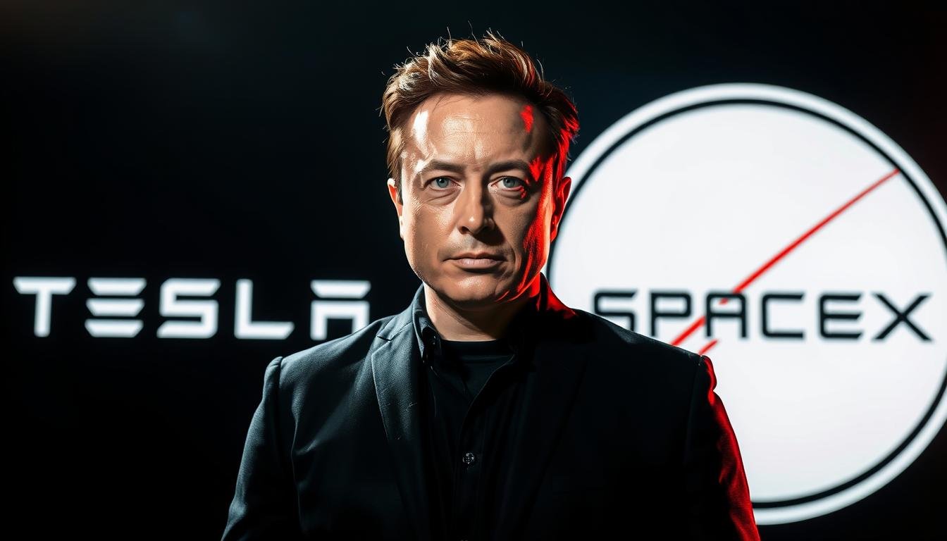Elon Musk standing dramatically between Tesla and SpaceX logos, embodying the Elon Musk Mad Genius persona