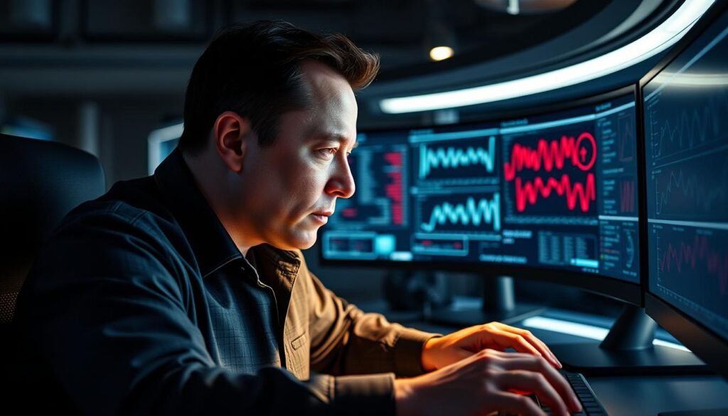 Elon Musk working intensely at a futuristic desk with multiple screens, embodying the mad genius at work