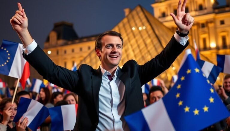 Emmanuel Macron celebrating his election victory in 2017 in front of the Louvre pyramid