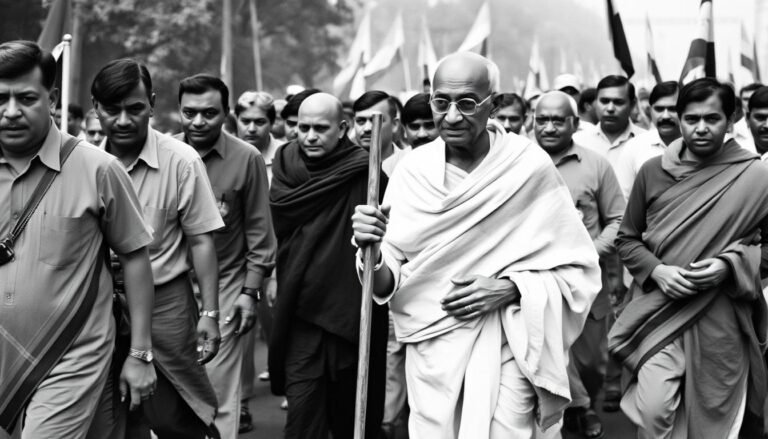 Mahatma Gandhi leading a peaceful march with followers during India's independence movement, demonstrating Peace as Power in action