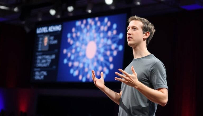 Mark Zuckerberg speaking at a Meta conference as a social architect of digital platforms