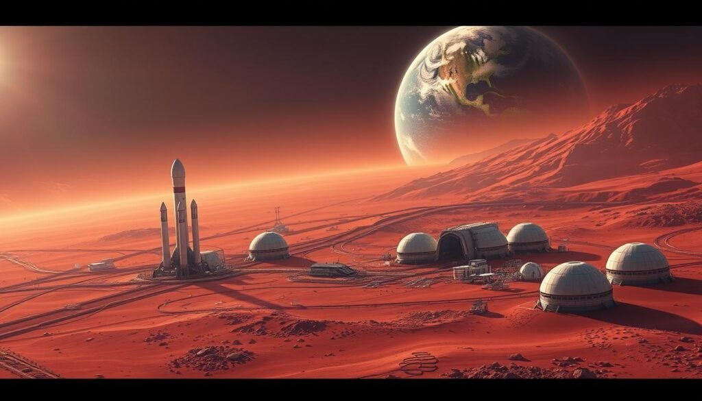 Mars colonization concept art with SpaceX rockets, highlighting ethical debates around Musk's space ambitions