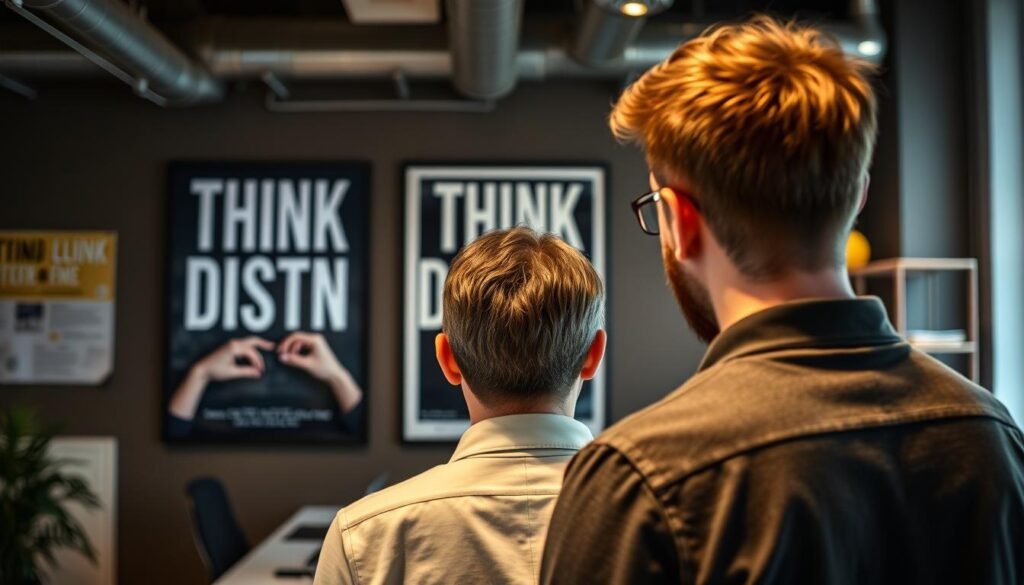 Person looking at Think Different poster for inspiration