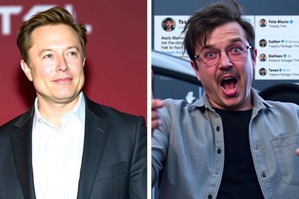 Split image showing Elon Musk in professional business attire versus casual attire with Twitter logo, representing his dual persona