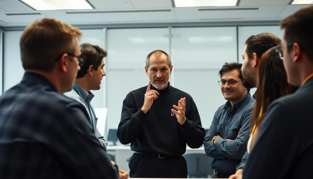 Steve Jobs in discussion with Apple team members