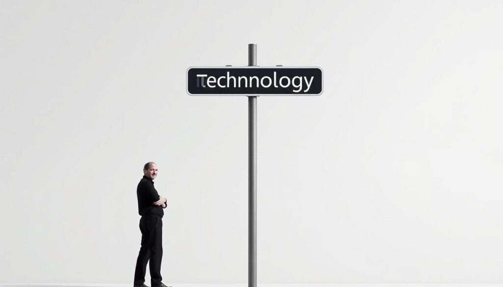 Steve Jobs standing at the intersection of technology and liberal arts street sign