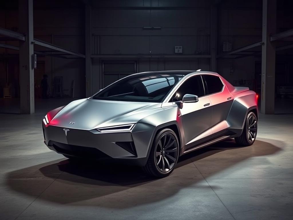 Tesla Cybertruck with futuristic design, showcasing Elon Musk's mad genius approach to vehicle design