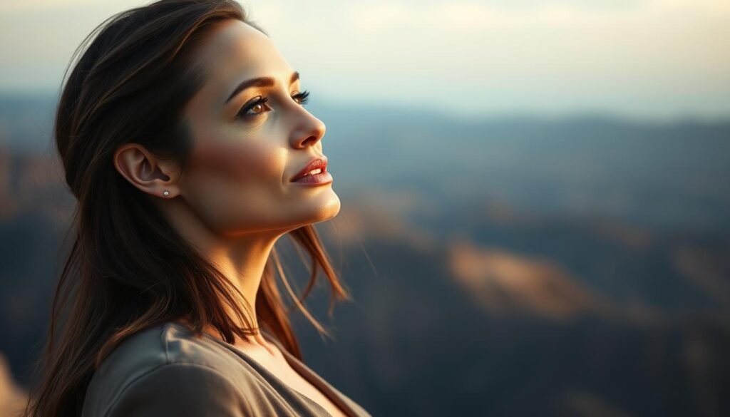 Angelina Jolie Beauty Brains Bravery looking toward the future, embodying her multifaceted legacy