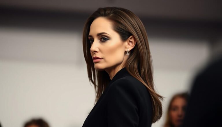 Angelina Jolie Beauty Brains Bravery portrait showing her elegant profile at a humanitarian event