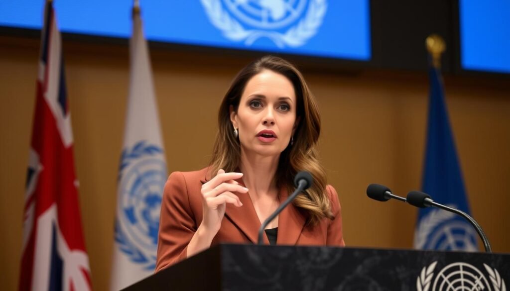 Angelina Jolie Beauty Brains Bravery speaking at the UN about refugee rights
