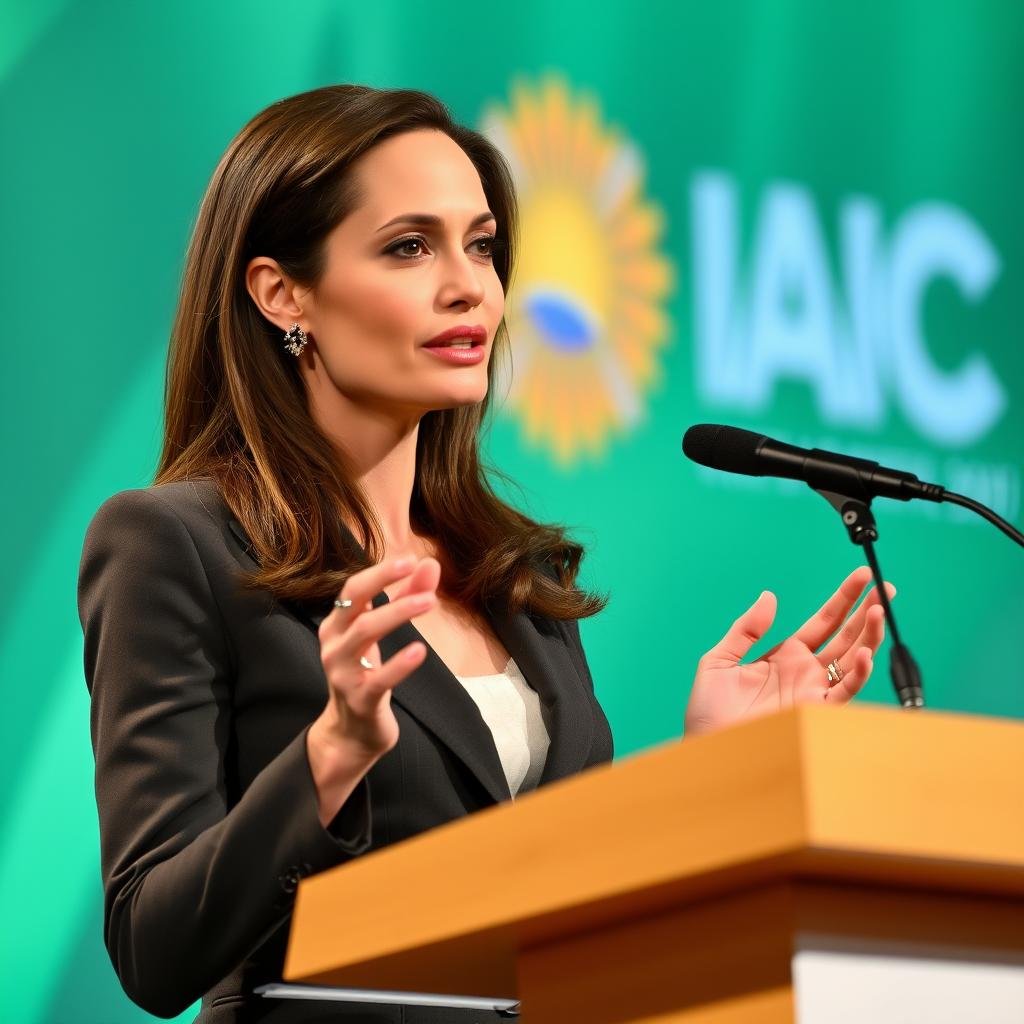 Angelina Jolie speaking at a conference, demonstrating her intellectual capabilities