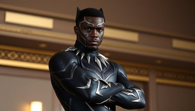 Chadwick Boseman as T'Challa in Black Panther, wearing the iconic Black Panther suit