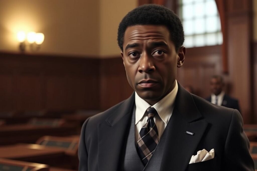 Chadwick Boseman as Thurgood Marshall in Marshall, wearing a suit in a courtroom