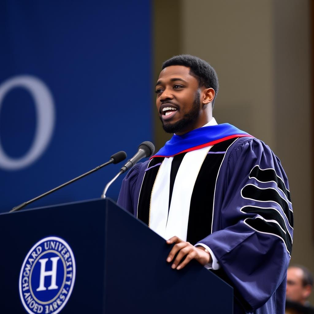 Chadwick Boseman speaking at Howard University commencement, inspiring graduates