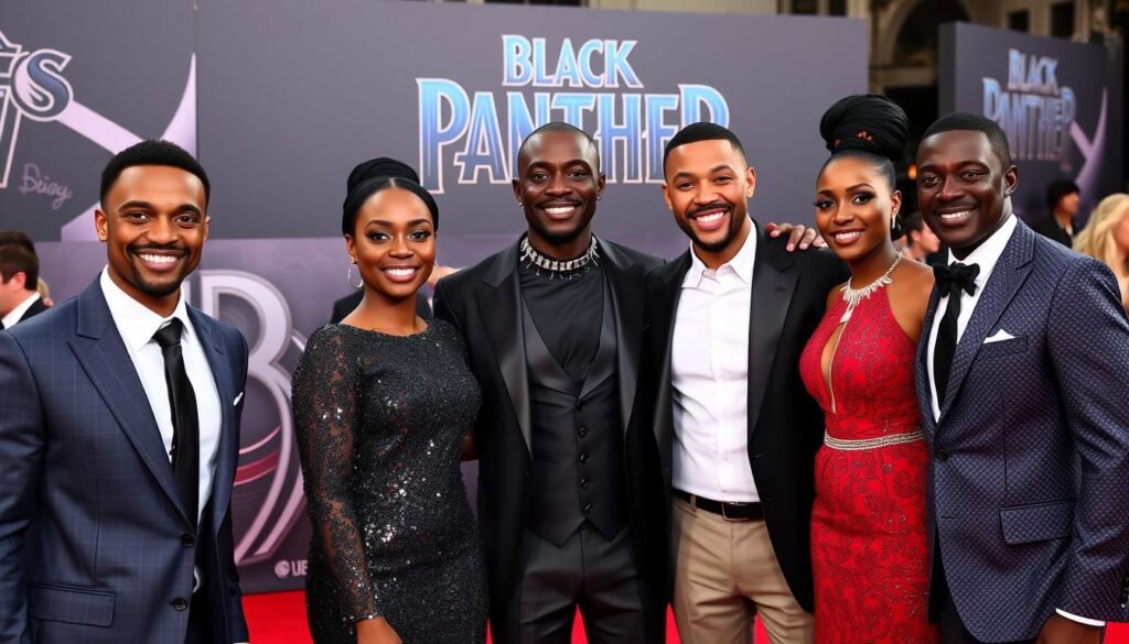 Chadwick Boseman with Black Panther cast at the film premiere, celebrating the groundbreaking movie