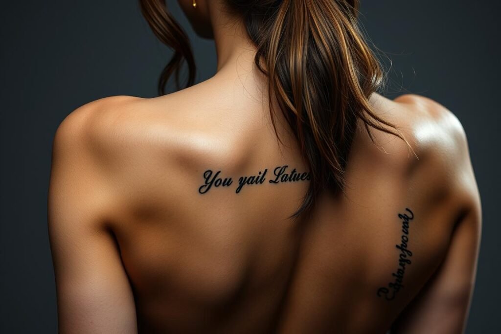 Close-up of Angelina Jolie's tattoos that represent her life journey and humanitarian work