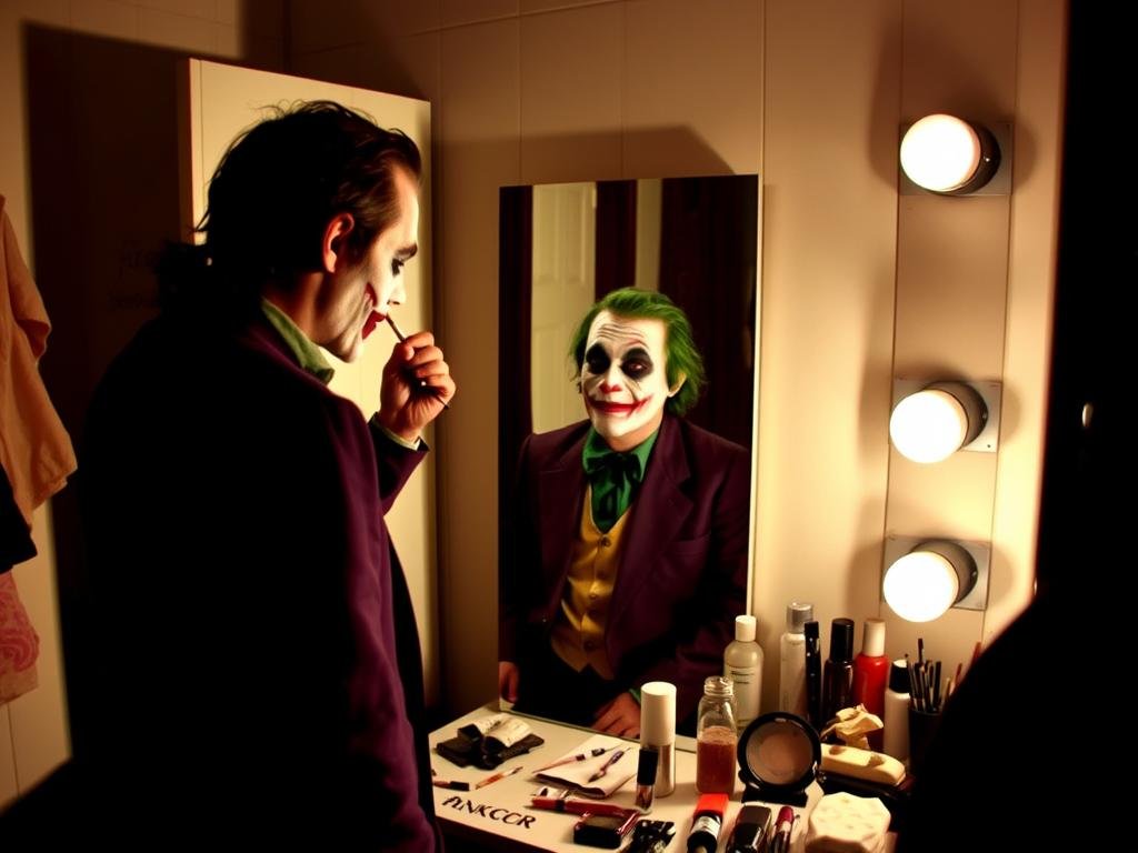 Heath Ledger applying Joker makeup in preparation for his Heath Ledger Joker role