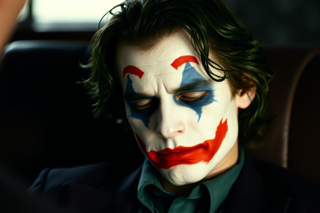 Heath Ledger looking exhausted during The Dark Knight filming, showing the toll of his Heath Ledger Joker role