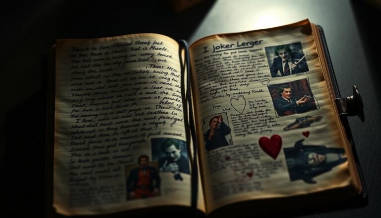Heath Ledger's Joker diary with handwritten notes and visual references for his Heath Ledger Joker role