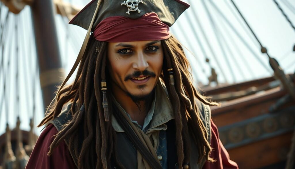 Johnny Depp as Captain Jack Sparrow in Pirates of the Caribbean, with his iconic costume and mannerisms