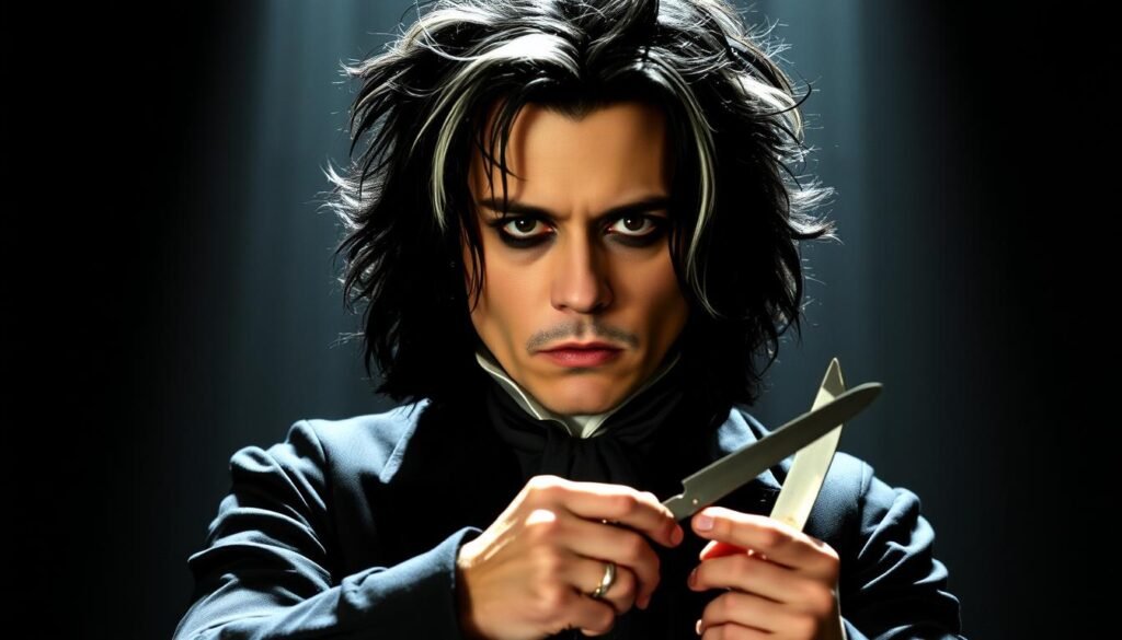 Johnny Depp as Sweeney Todd, showing his dramatic transformation for the musical role