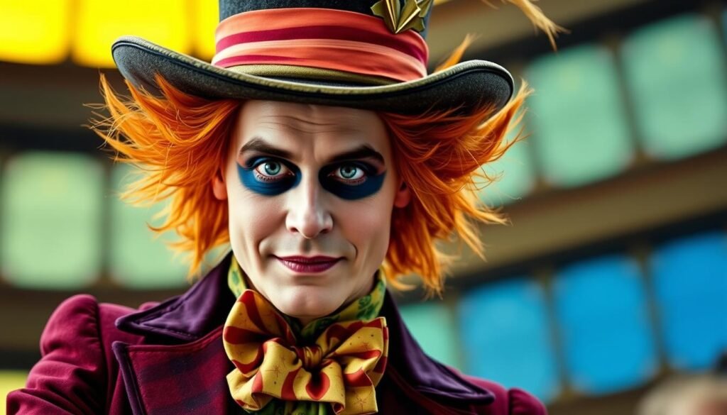 Johnny Depp as the Mad Hatter in Alice in Wonderland, showing his extreme character transformation