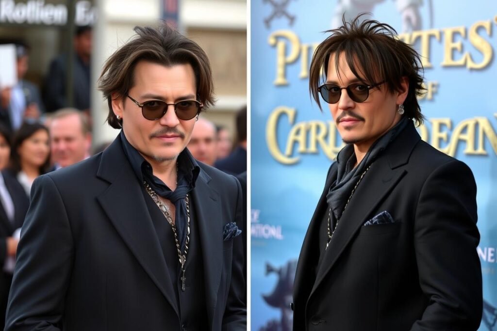 Johnny Depp at the Pirates of the Caribbean premiere, dressed elegantly on the red carpet