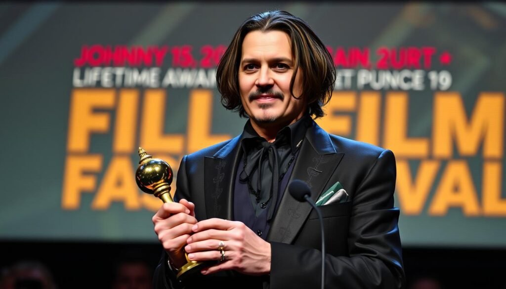 Johnny Depp receiving an award, representing his impact on cinema