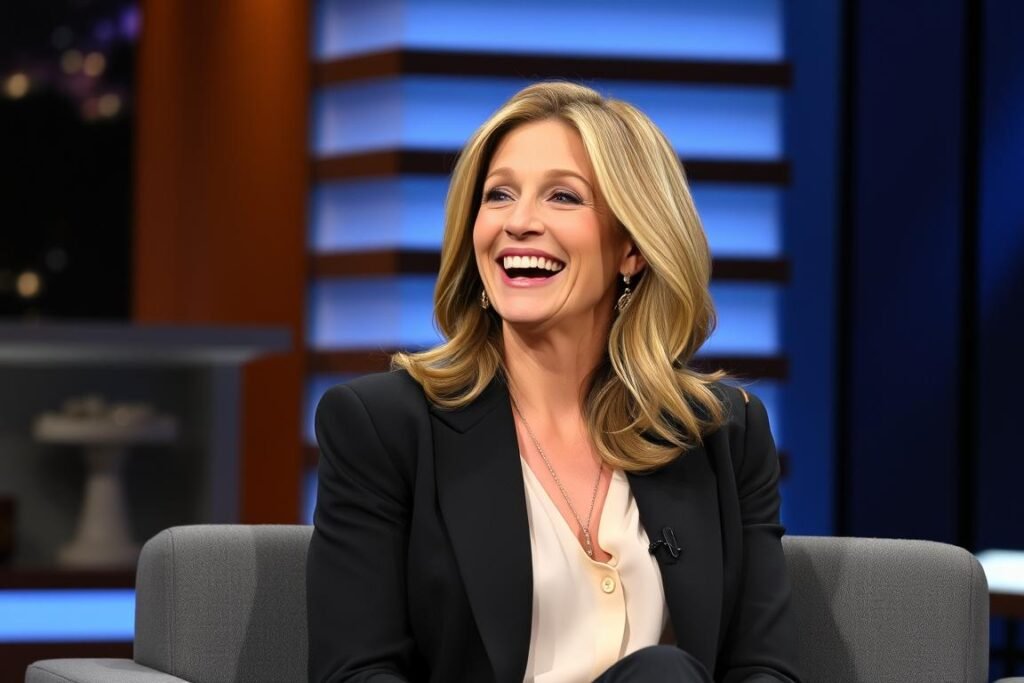 Julia Roberts laughing during a talk show interview, showcasing her famous smile as America's Sweetheart