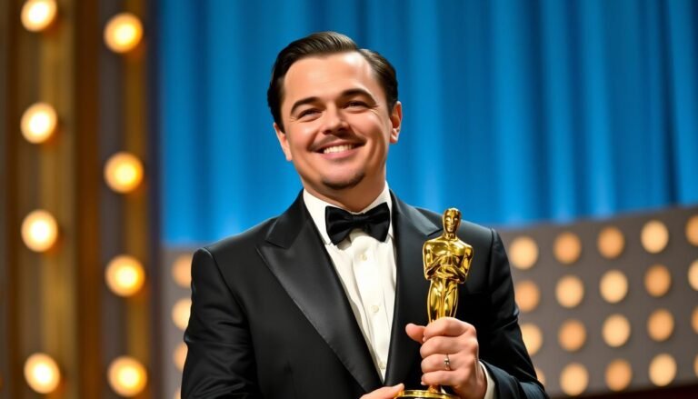 Leonardo DiCaprio holding his Oscar trophy at the 88th Academy Awards ceremony