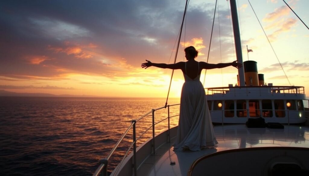 Leonardo DiCaprio in a scene from Titanic with Kate Winslet