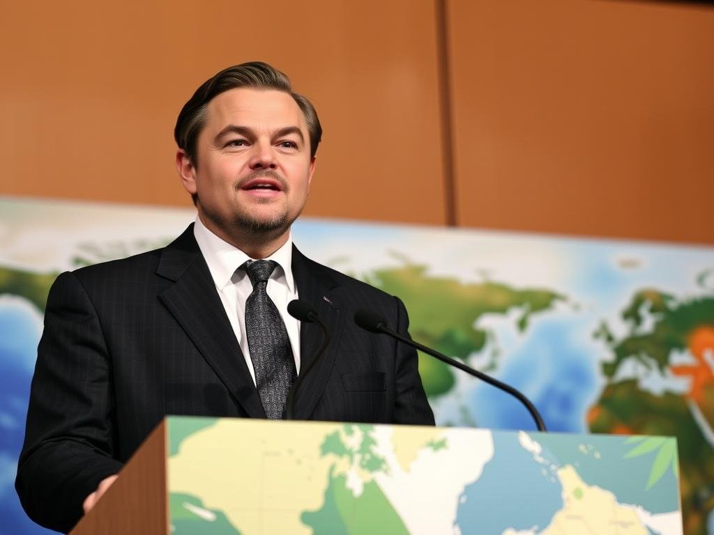 Leonardo DiCaprio speaking at a climate change event