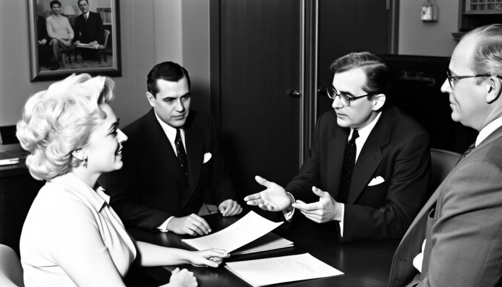 Marilyn Monroe in a serious discussion with film executives