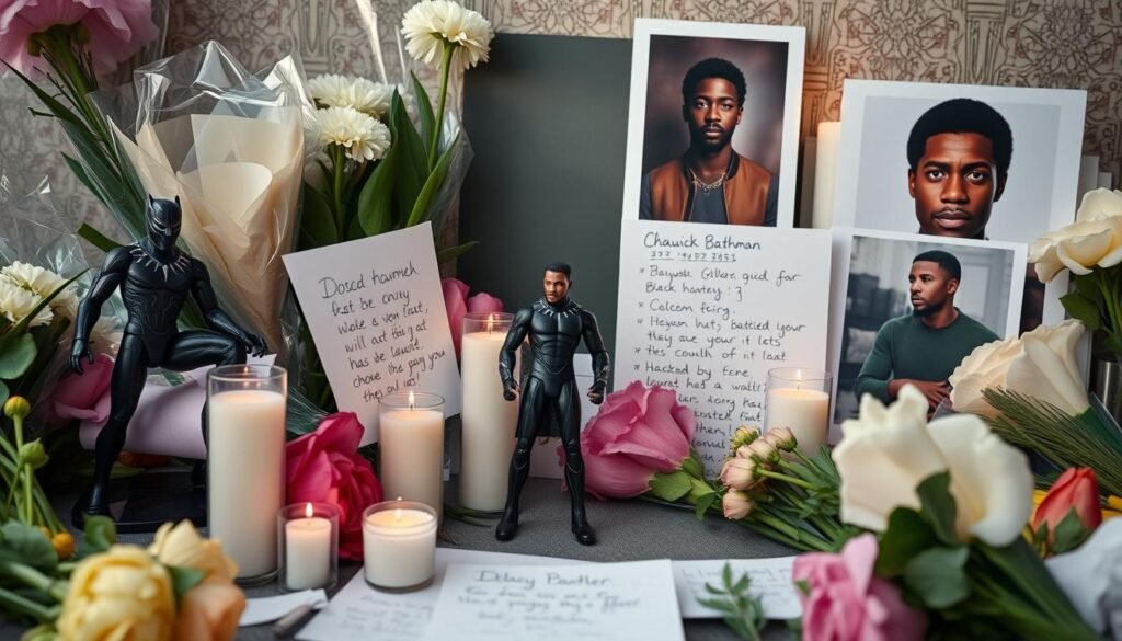Memorial display of flowers, Black Panther memorabilia, and tributes to Chadwick Boseman