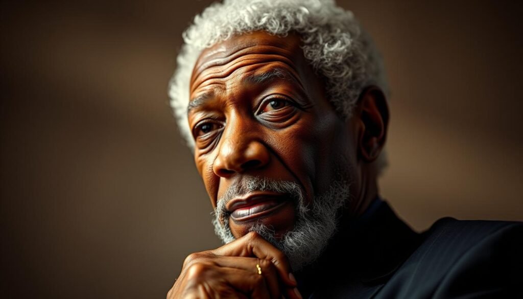 Morgan Freeman contemplative portrait representing the Voice of Wisdom