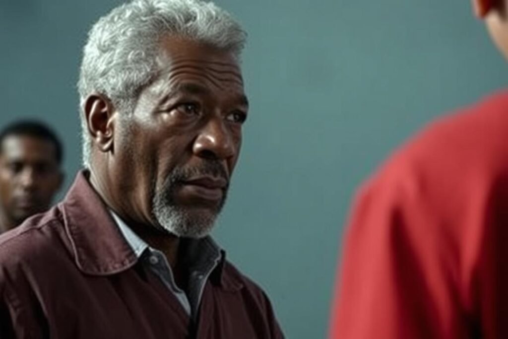 Morgan Freeman in The Shawshank Redemption, establishing his Voice of Wisdom