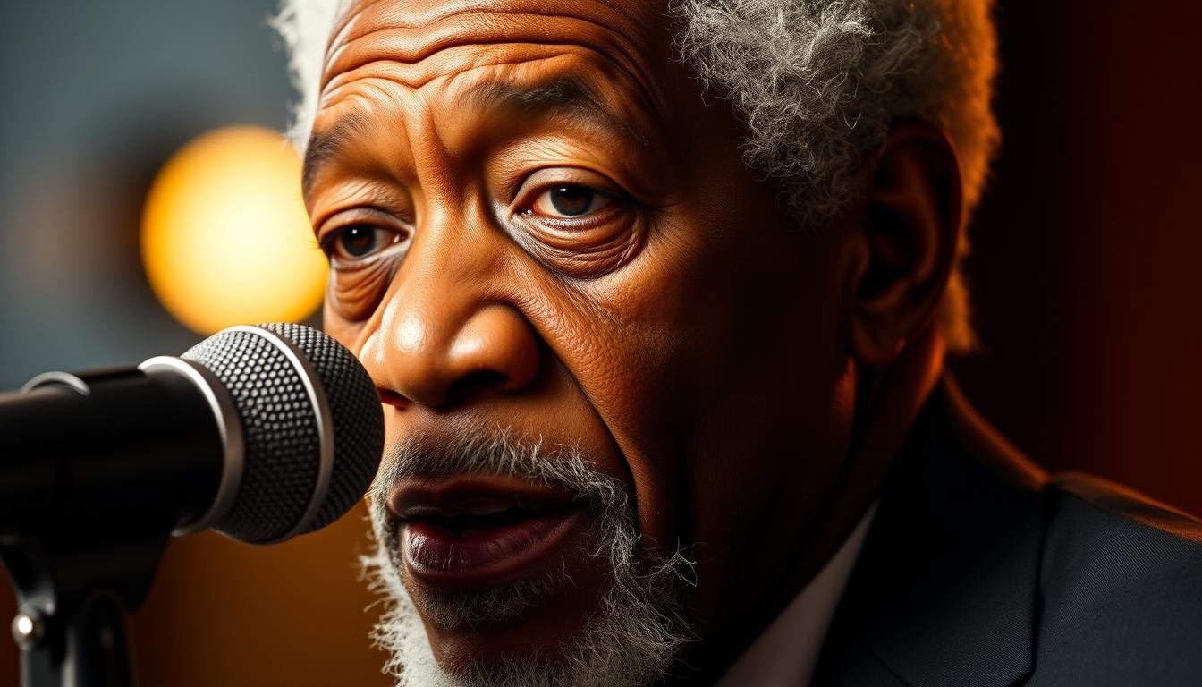 Morgan Freeman speaking with his iconic Voice of Wisdom posture