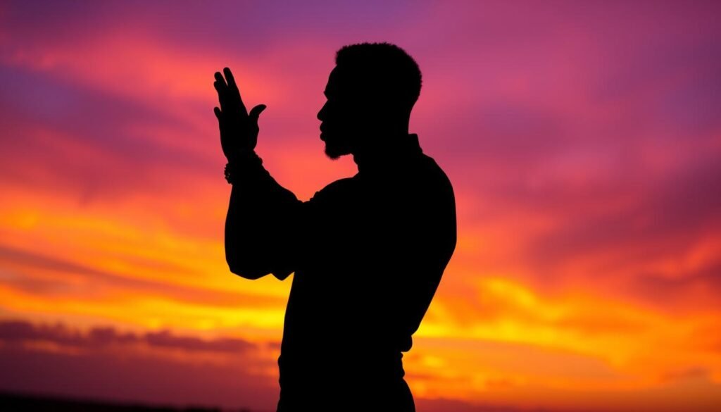 Silhouette of Chadwick Boseman with arms crossed in Wakanda salute against sunset