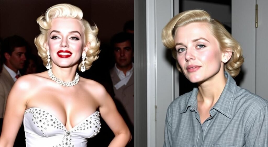 Split image showing Marilyn Monroe's glamorous public persona alongside a private, unguarded moment