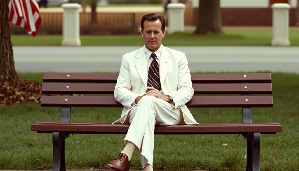Tom Hanks as Forrest Gump sitting on a bench