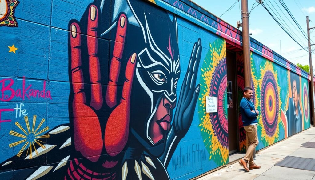 Wakanda Forever mural tribute to Chadwick Boseman in a community setting