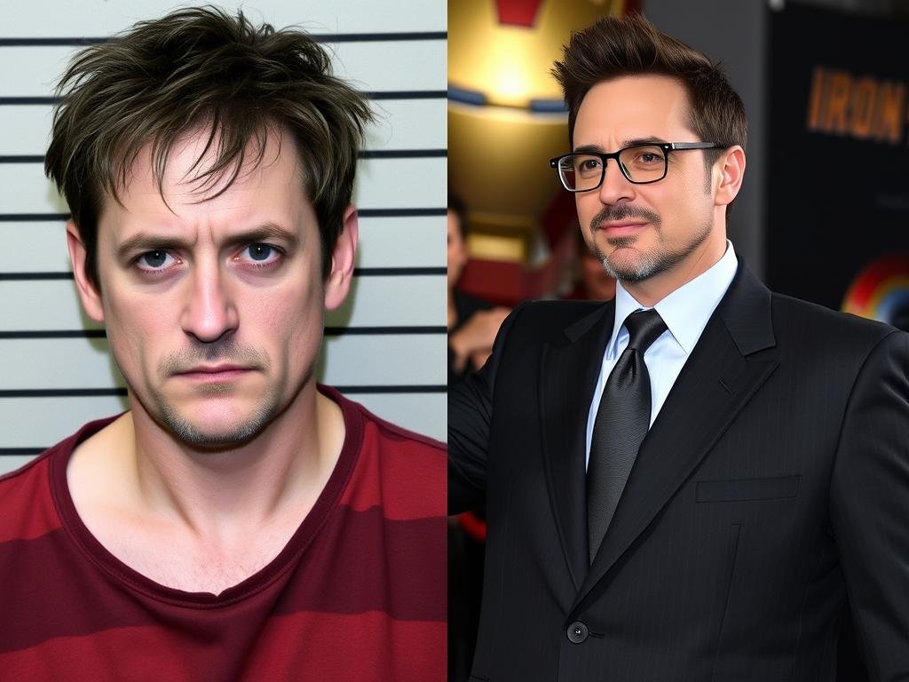 A split image showing Robert Downey Jr. during his troubled years contrasted with his triumphant return as Iron Man - visualizing his iron will and personal transformation