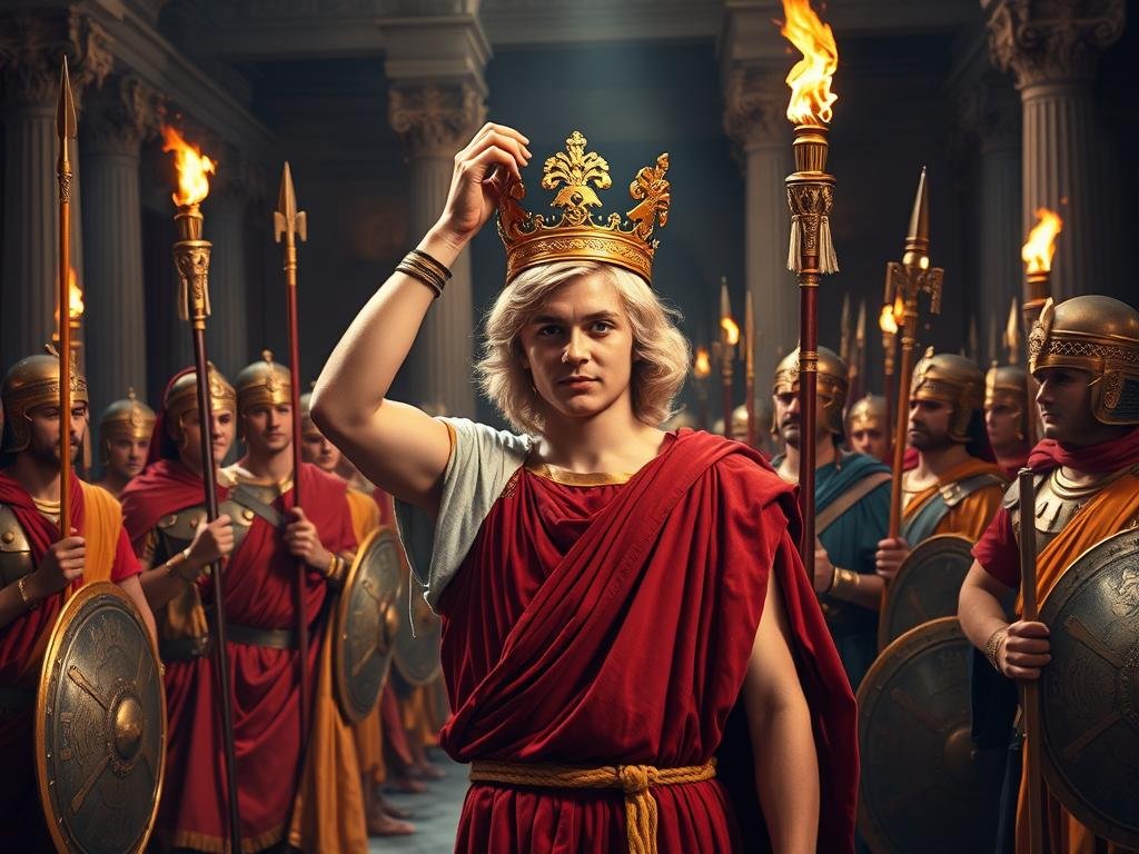 Alexander the Great being crowned as King of Macedonia, surrounded by Macedonian nobles and soldiers
