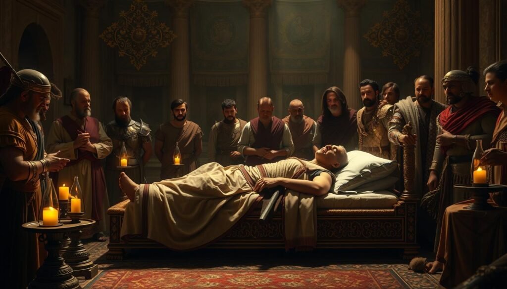 Alexander the Great on his deathbed in Babylon, surrounded by his generals