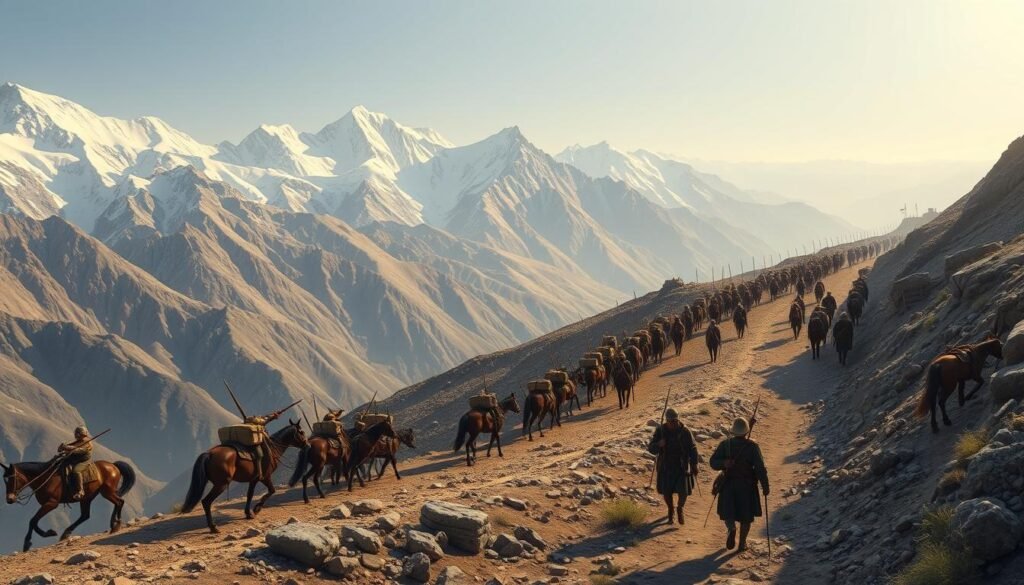 Alexander the Great's army crossing the Hindu Kush mountains en route to India
