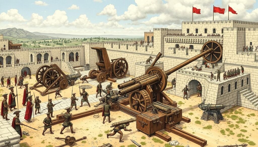 Alexander's siege engines attacking a fortified city, demonstrating his innovative approach to warfare