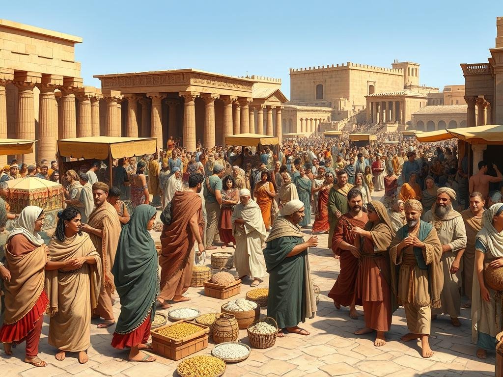Ancient Egyptian marketplace showing trade activities during Cleopatra's reign with various goods and merchants